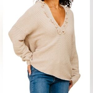 BiBi Fringe Trim Rib Knit Hoodie